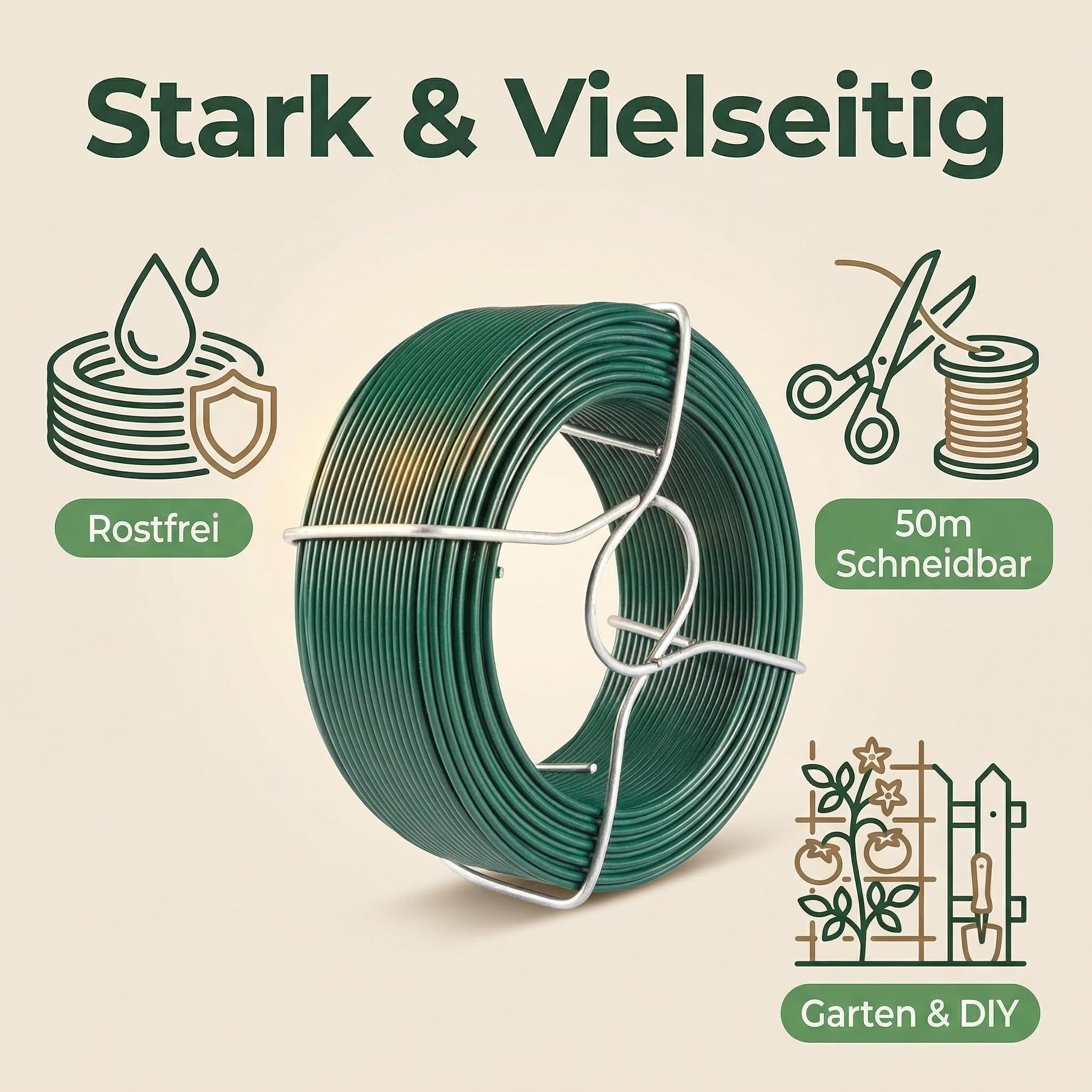 Amagabeli Alambre de Hierro Plastificado Ø0.95mm x 50m, 6 Rollos de Cable Revestido para Jardín y Cercados, Inoxidable de PVC Verde