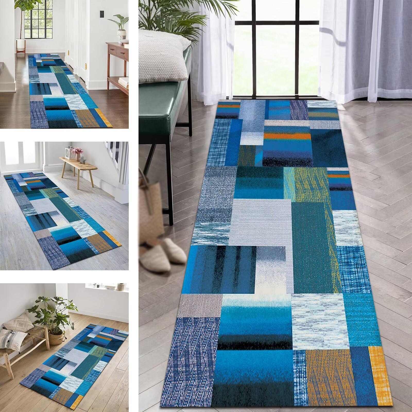 Tapis de passage lavable et antidérapant 60x180 cm géométrique bleu