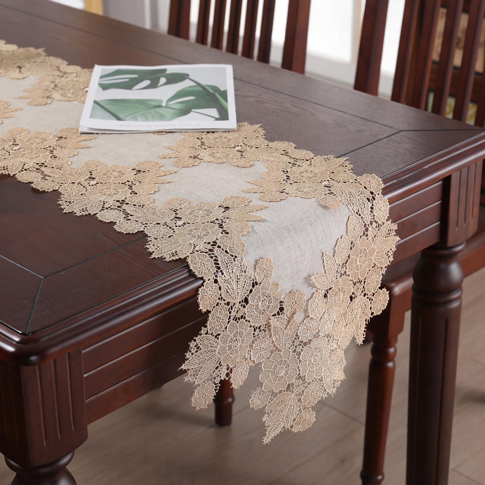 Chemin de table mariage champêtre effet lin dentelle brodée table fête 35x270