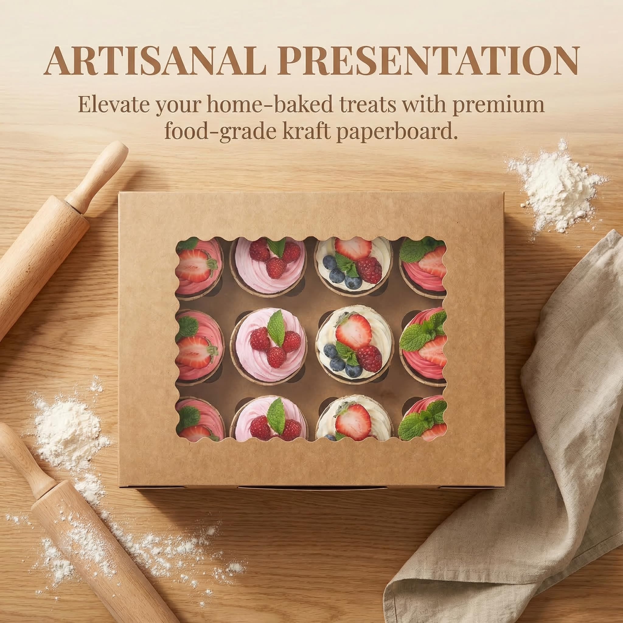 Jucoan 20er Set Cupcake Muffin Box aus Kraftpapier mit Großem Sichtfenster je 12 Loch Kuchenboxen Cupcake Boxen mit Abnehmbaren Einsätzen Cupcake Behälter mit Fenster für Muffins Cupcake Macarons