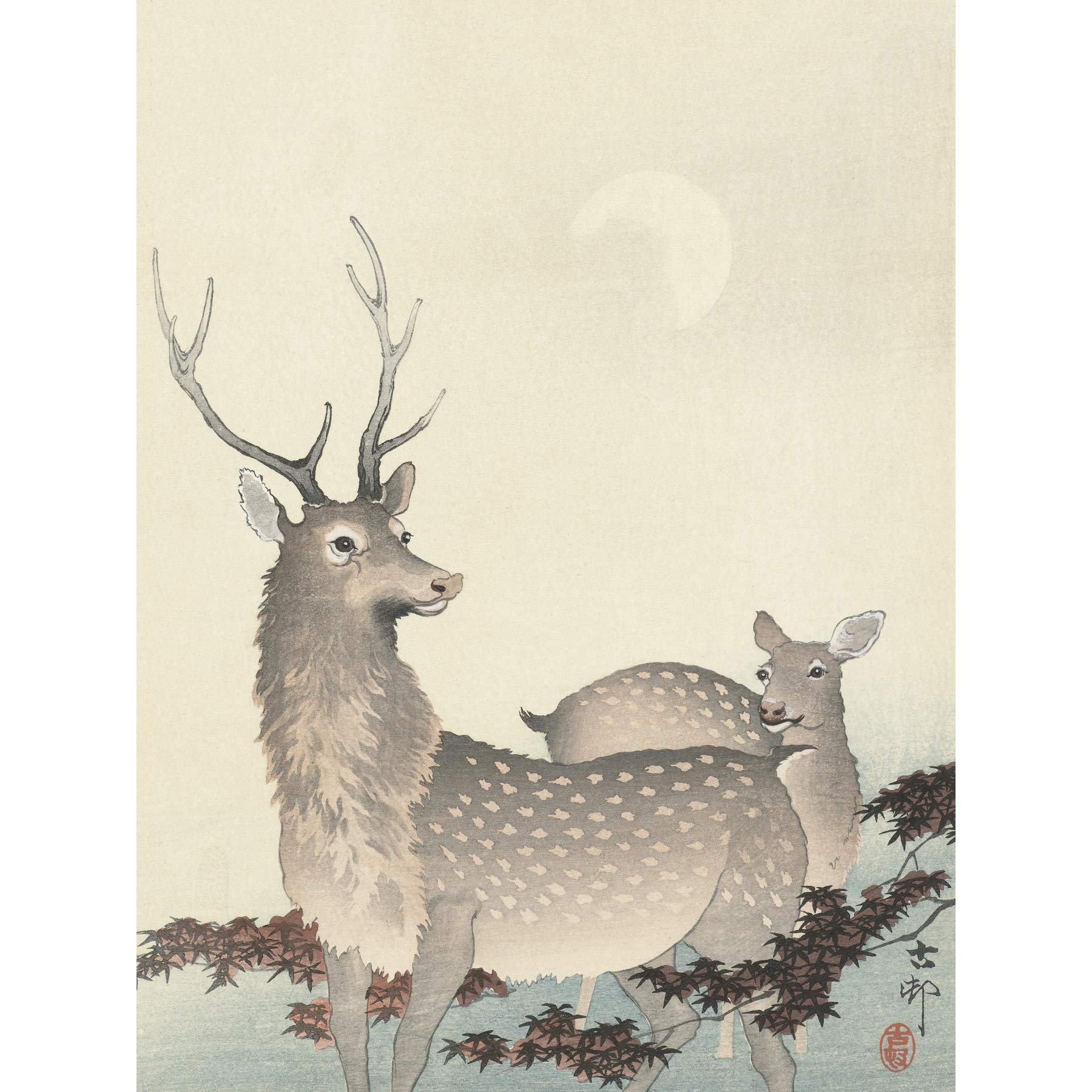 Artery8 Ohara Koson Two Deer Japanese Painting Premium Wall Art Canvas Print 18X24 Inch