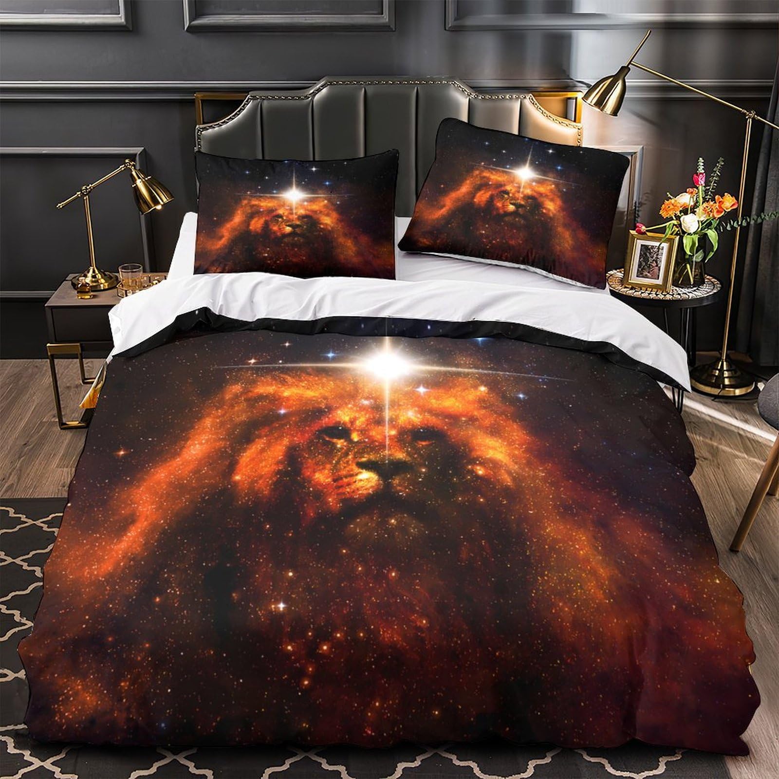 Housse de couette lion cosmique 3D 220x240 cm en microfibre avec 2 taies d'oreiller