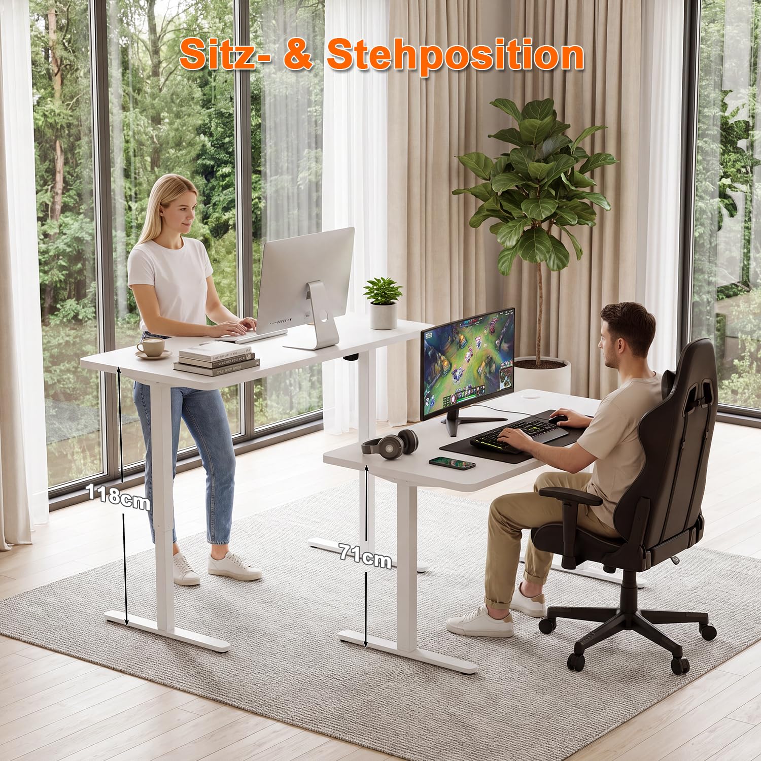 JUMMICO Elektrisch Höhenverstellbarer Schreibtisch 140 x 60 cm, Schreibtisch Höhenverstellbar mit 2 Memory-Funktion, Steh-Sitz Bürotisch, Computertisch mit Kabelmanagement Box, Wolkenweiß