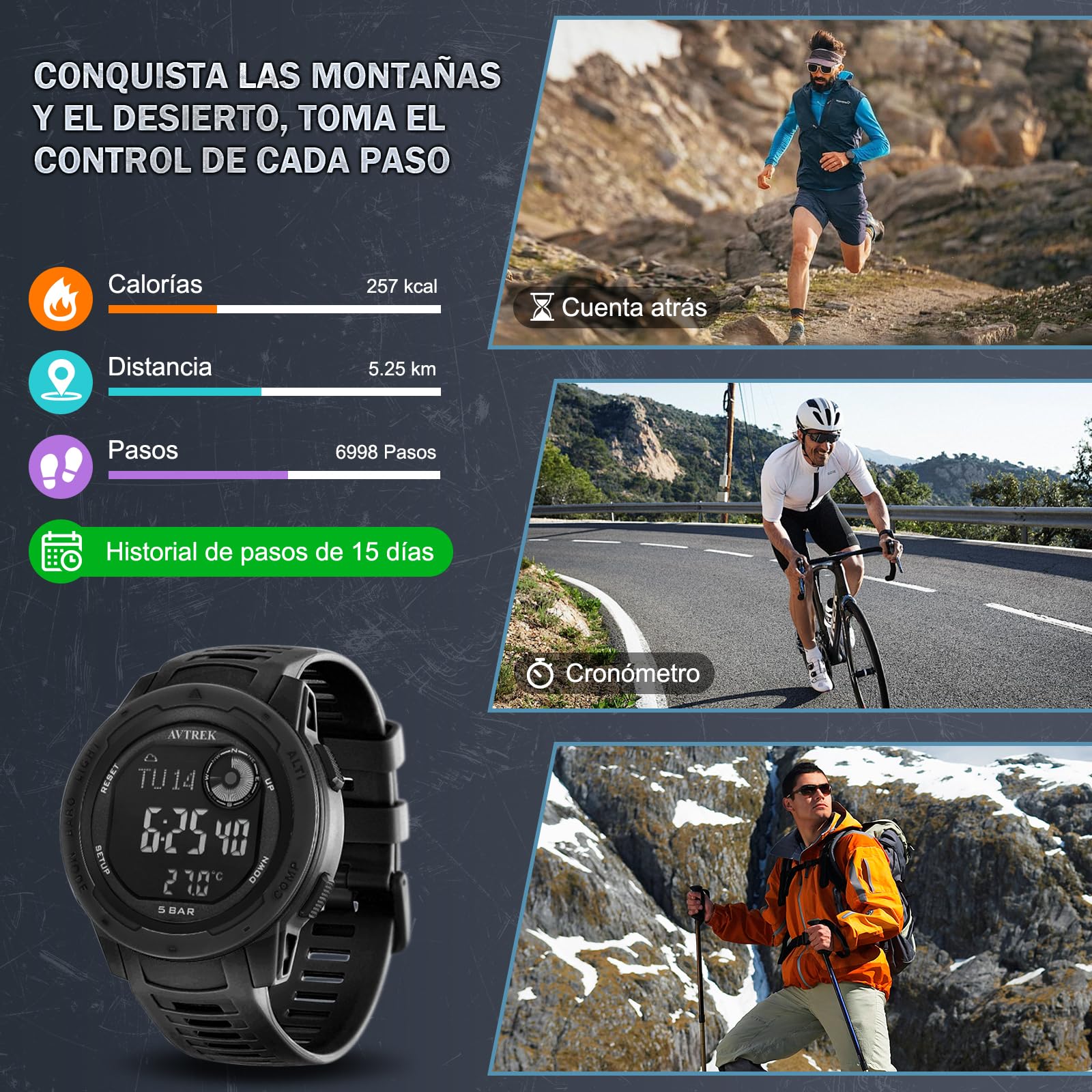 AVTREK Reloj Deportivo Digital Impermeable para Exteriores | Reloj Militar con podómetro, altímetro y brújula Hombres, Mujeres y Adolescentes