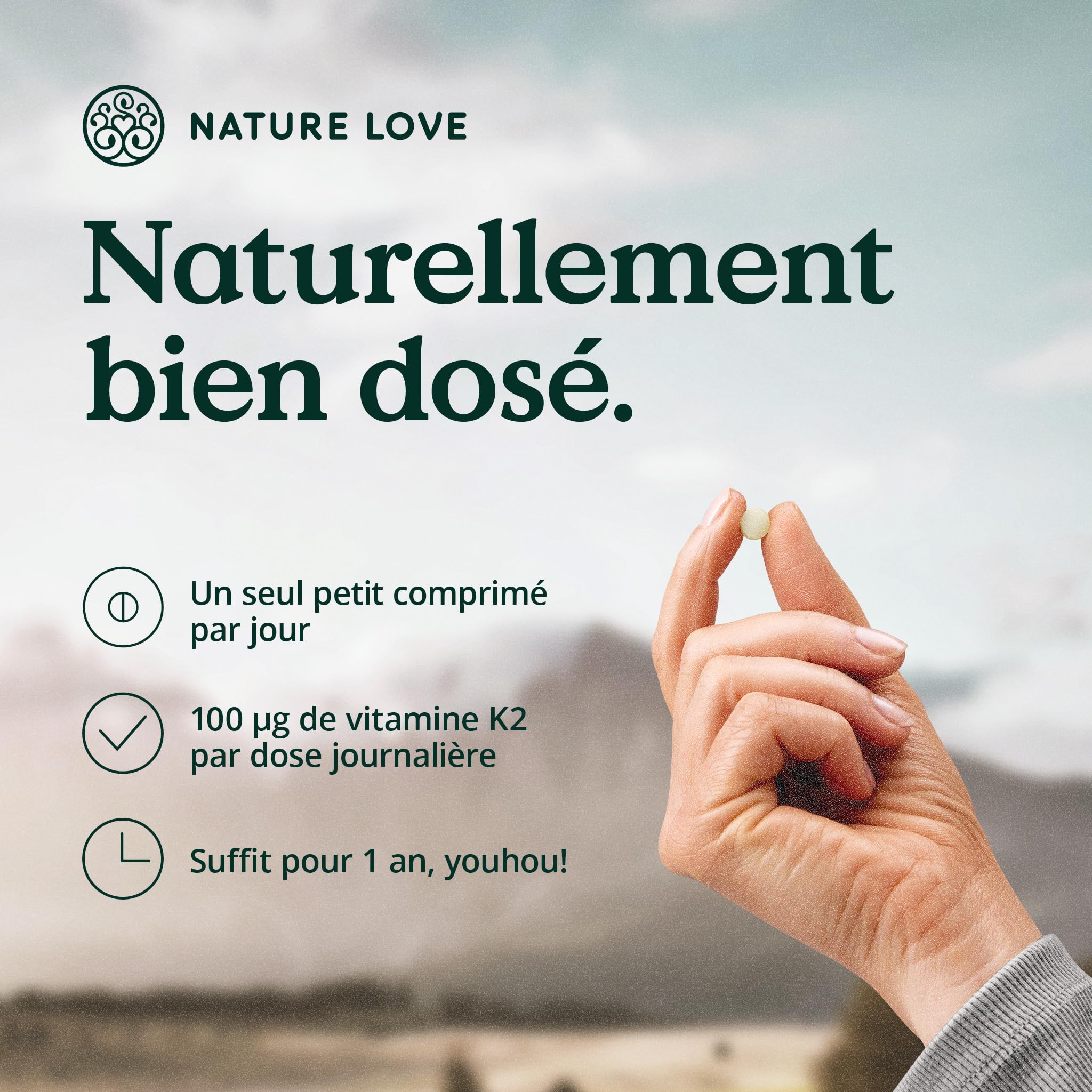 NATURE LOVE® Vitamine K2 MK7-365 comprimés - 100µg par comprimé - ménaquinone MK-7 à teneur all-trans > 99,7% - hautement dosé, végane, contrôlé en laboratoire et produit en Allemagne
