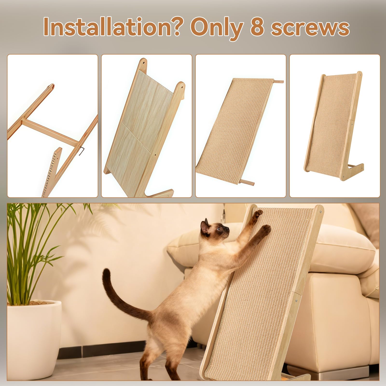 Sisal Katzenkratzer, L-Form 105° Kratzpad, 68 cm hoch Kratzbrett für Indoor-Katzen, Wandmöbelschutz für alle Katzen liegend, Entspannen mit Ballspielzeug