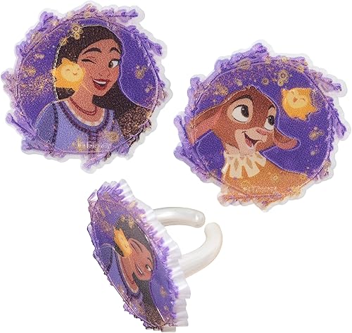 DecoPac Disney's Wish Better Together - Anillos para cupcakes con Asha y Valentino, adornos para pasteles seguros para alimentos para cumpleaños y