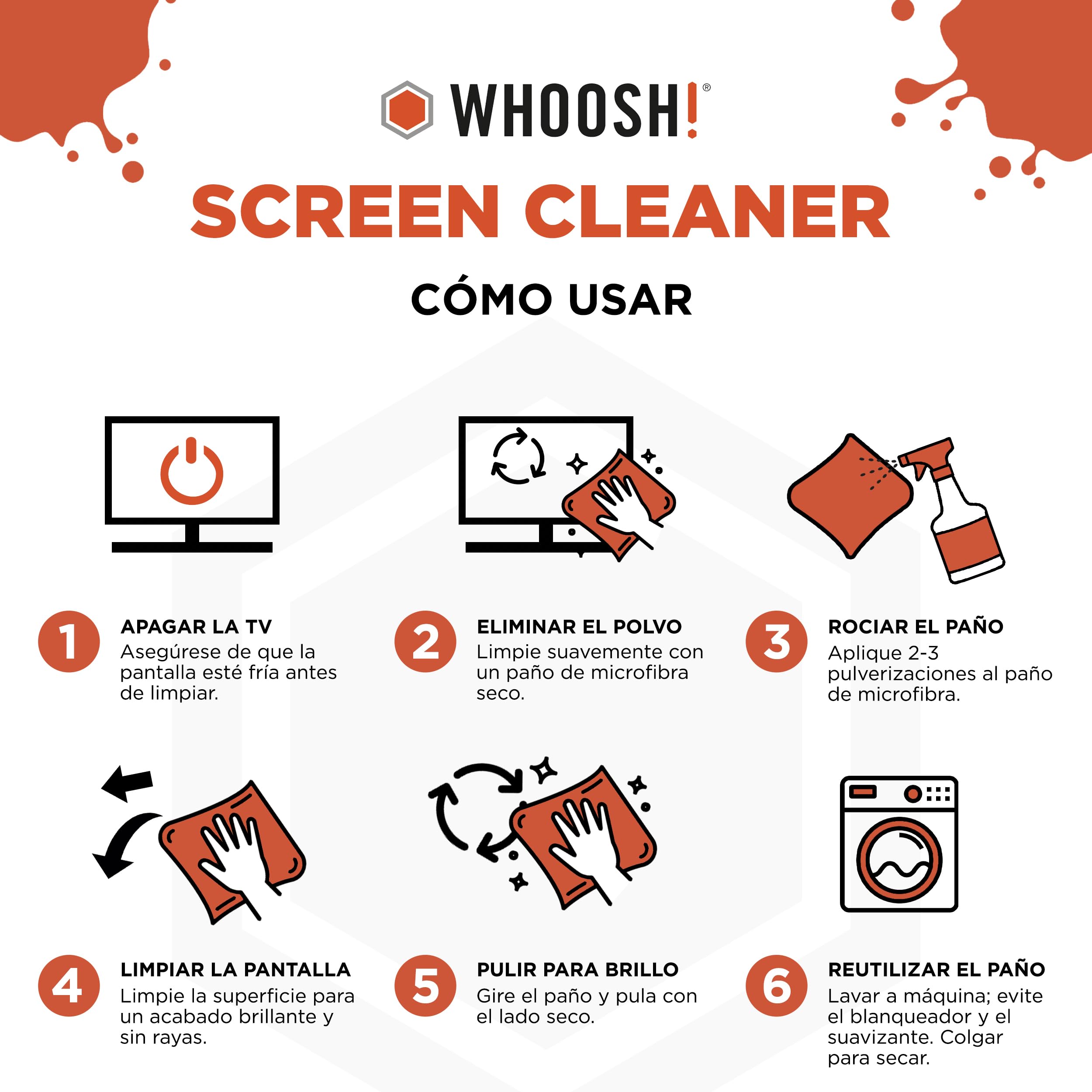 WHOOSH! Limpiador de Pantalla TV Pro para LED, LCD – Kit de Limpieza de Pantalla de TV OLED de 500 ml con paño de Microfibra, Botella Recargable, Limpieza sin Rayas, fórmula Segura y no tóxica