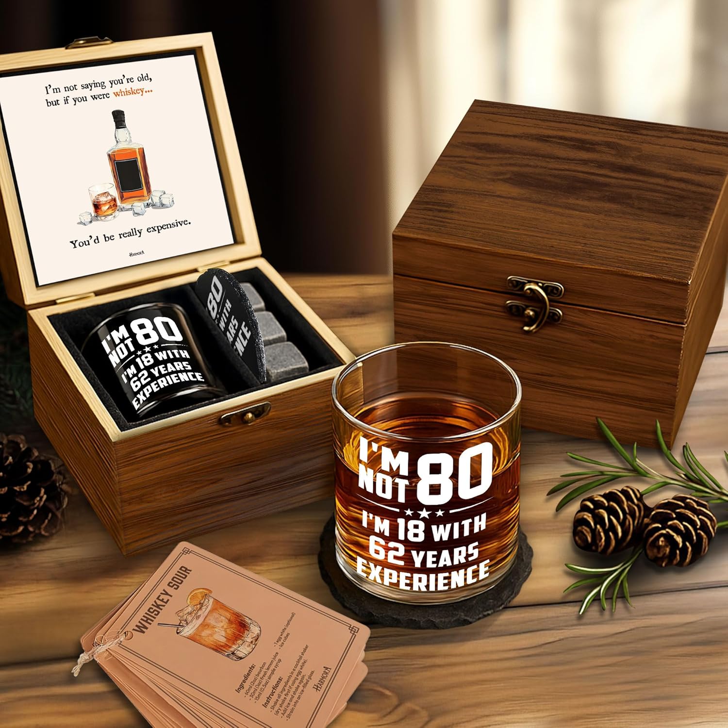 Funny 80th Birthday Gifts for Men – “I’m Not 80, I’m 18 with 62 Years Experience” Whiskey Glass Gift Set with Coasters, Recipe Cards, Greeting Card & Wooden Box - Image 2