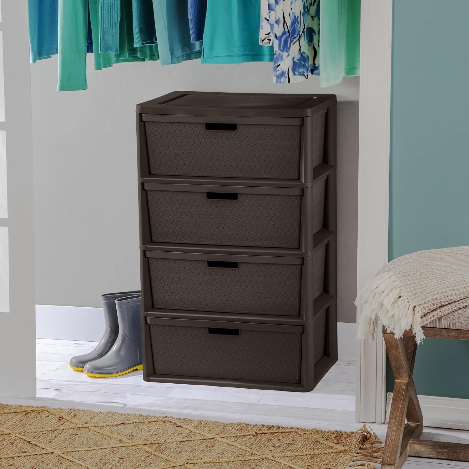 2 Pack 4-Drawer Storage Tower, Wide Plastic Dresser with Decorative Cross-Weave Drawers, Tool-Free Assembly, Vertical File Cabinet for Bedroom, Living Room, Office, Brown