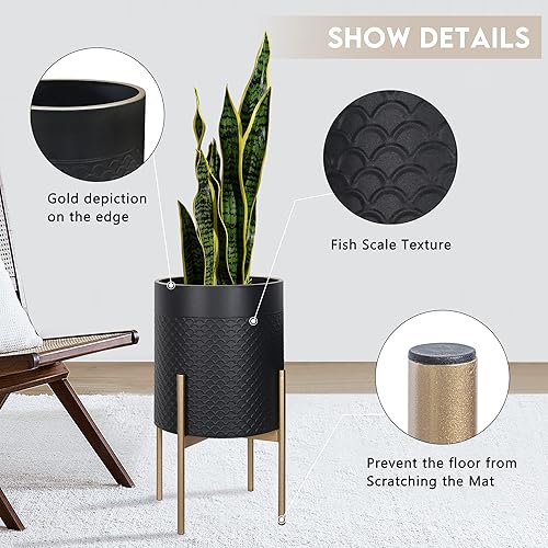 Miniatura 3 de Oakrain Macetas para plantas de interior, juego de 2 macetas modernas de mediados de siglo con soporte, macetas decorativas de metal para sala de