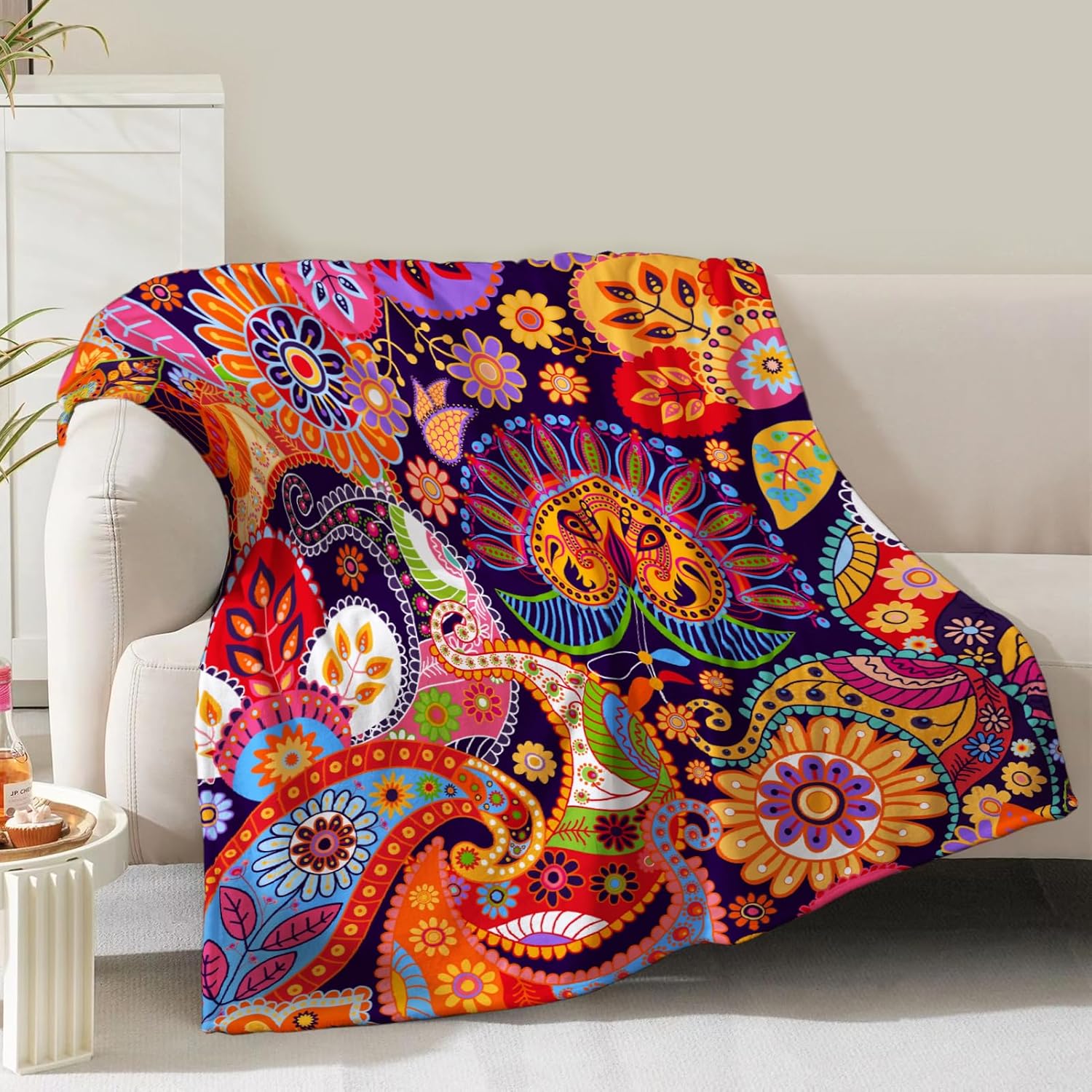 Boho Floral Blanket Gifts for Women Mom Girls Wife Birthday Christmas Valentine Present Bohemian Colorful Flower Theme Rustic Decor Bedroom Living Room Couch Sofa Kids Adult Soft Flannel Throw 60"x50"