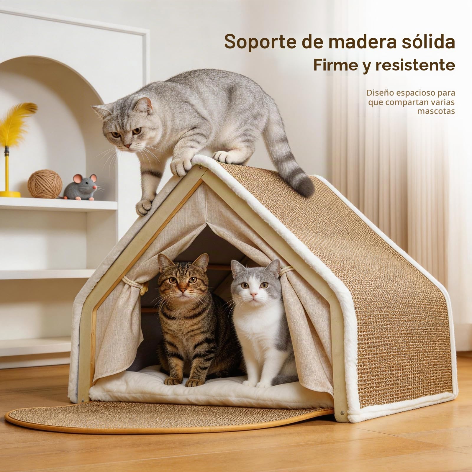 Casa para Gatos de Interior con Rascador de Sisal, Cama Gatos 2 en 1 | con Estructura de Madera, Cueva para Gatos con Cojín y Alfombrilla Rascadora, Tienda de Campaña para Gatitos