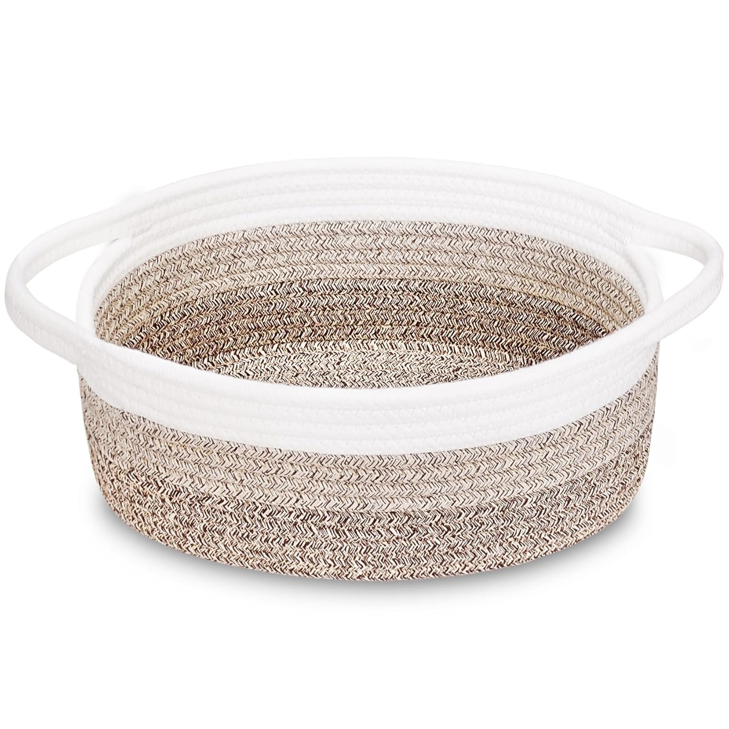 ABenkle Small Woven Storage Basket with Handles - 12"x8"x5", Decorative Rope Bin for Home Organization, Cat & Dog Toys, Shelf Storage, Gift Basket - White & Mixed Brown & Dark Brown (3 Color- Mixed Brown) Thumbnail