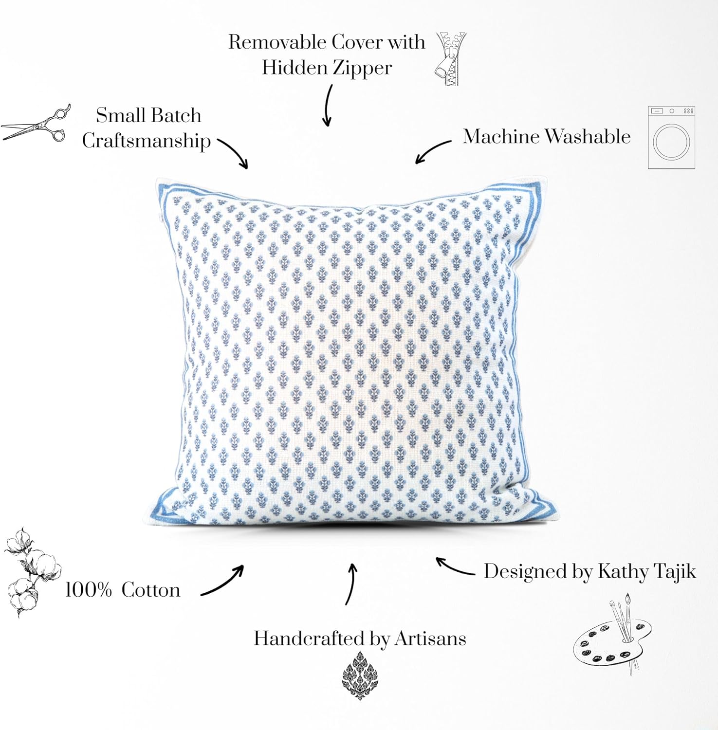 Celeste Mughal Flower Pillow Cover – 100% Cotton Designer Throw Pillow Cover – Luxury Decorative Accent for Sofa, Couch, Bed & Modern Coastal Grandmillennial Home Décor (Blue, 22x22)