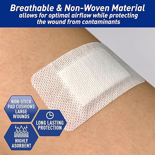 Miniatura 21 de Medpride Apósitos de gasa con bordes de 4x4 pulgadas, 25 unidades, bolsas empaquetadas individualmente, apósito para heridas con bordes adhesivos