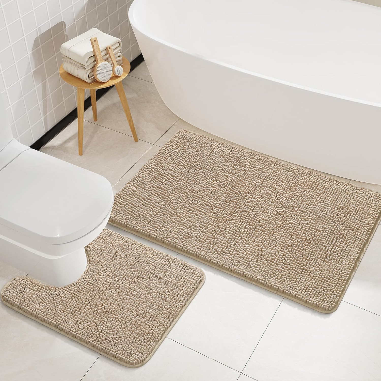 LOCHAS Bathroom Rugs Sets 2 Piece, Soft Non Slip Bath Mat Set, 20”x20” U-Shaped Toilet Rug and 34”x21” Beige Bath Rugs, Washable Absorbent Chenille Toilet Rug Set for Bathroom, Shower LOCHAS Bathroom Rugs Sets 2 Piece, Soft Non Slip Bath Mat Set, 20”x20” U-Shaped Toilet Rug and 34”x21” Beige Bath Rugs, Washable Absorbent Chenille Toilet Rug Set for Bathroom, Shower