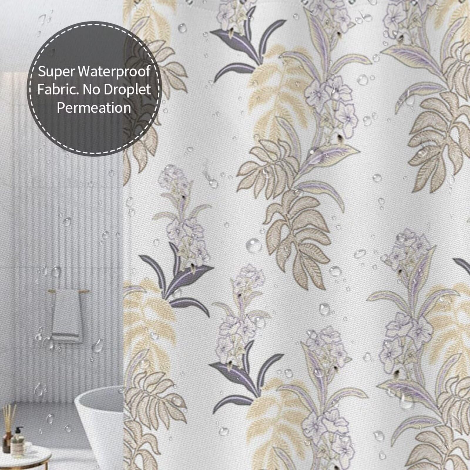 Cortina de ducha impermeable antimoho de 240 x 200 cm, poliéster, lavable, antibacteriana, incluye 12 ganchos de plástico, dobladillo pesado, uso familiar y hotel, diseño floral beige K9014