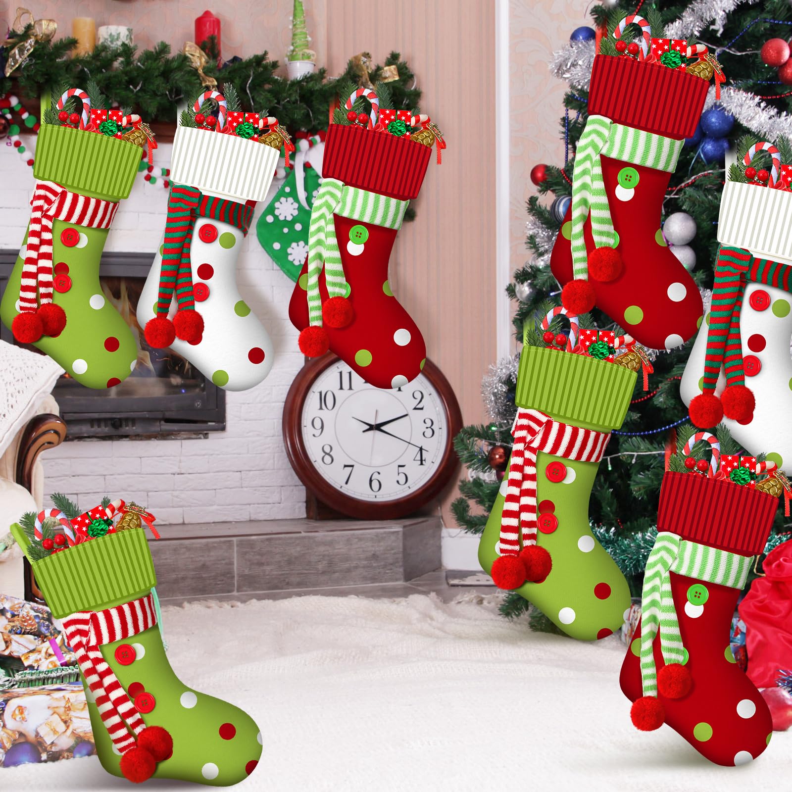 Newcotte 12 Stück 50,8 cm große Weihnachtsstrümpfe, Elfe, Weihnachtsstrümpfe, rot, grün, weiß, Weihnachtsdekoration für Urlaub, Kamin, Baumdekoration, Geschenk, Geschenk
