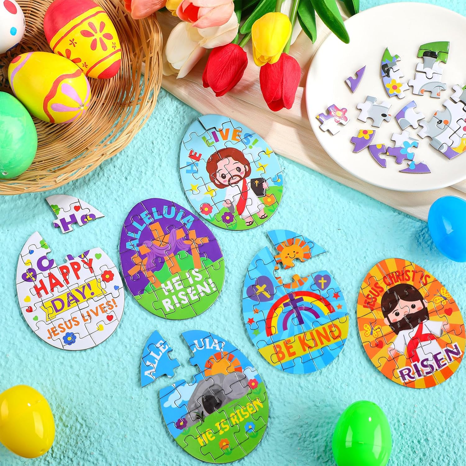 48 Pack Easter Eggs Fillers Crafts Religious Christian Jigsaw Puzzle Toys Bulk Jesus He Lives Plastic Easter Eggs Stuffers for Sunday School Rewards Prizes Party Activities Favors