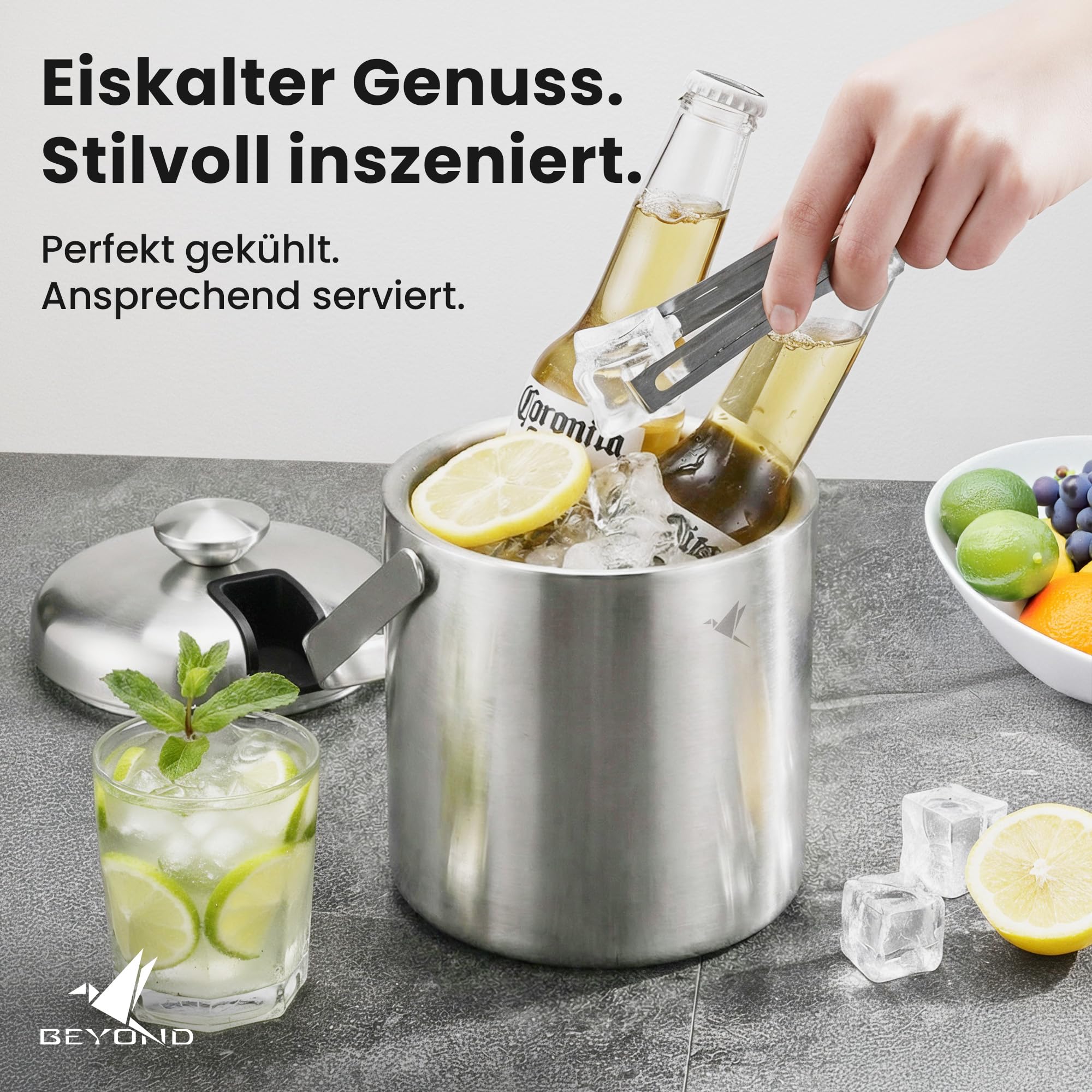 Beyond Eiswürfelbehälter mit Deckel und Zange 100% bpa frei aus Edelstahl - Eiswürfelkühler, doppelwandig, 1,3 Liter I Eiseimer für Eiswürfel, Eiskübel für die Eiswürfel Aufbewahrung