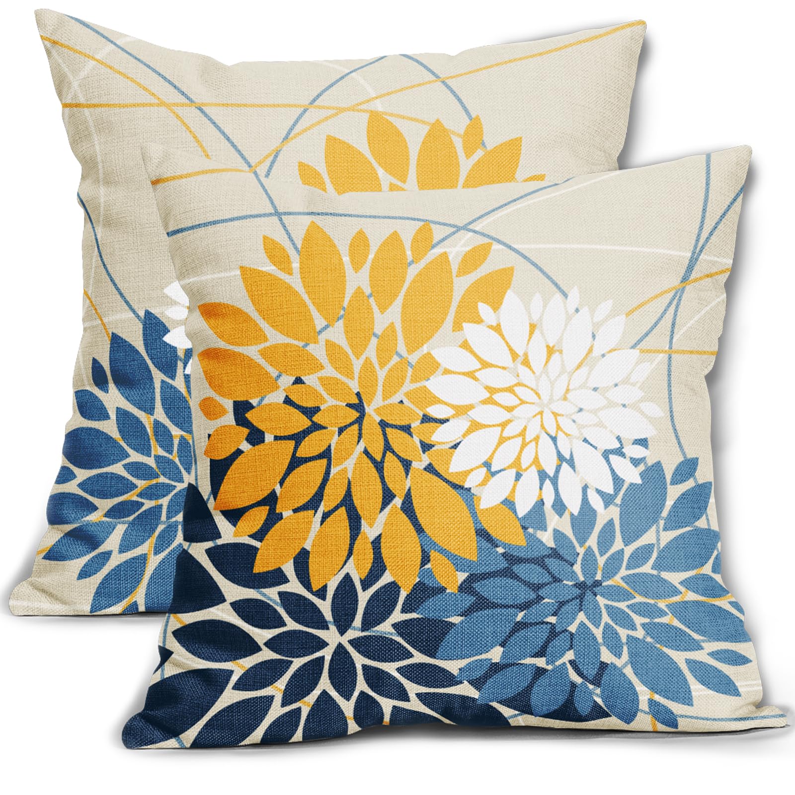 Sweetshow Blue Yellow Pillow Covers 18x18 White Dahlia Flower Elegant Colored Decorative Throw Pillows Farmhouse Outdoor Decor for Home Sofa Bed Couch