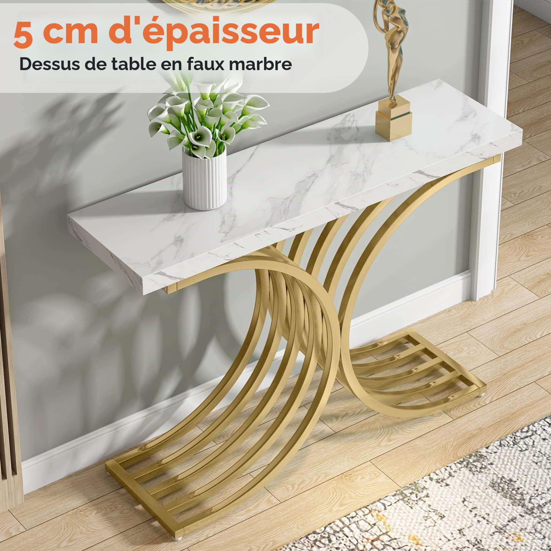 Tribesigns Table console étroite, table d'appoint avec structure en métal doré, 100 x 30 x 80 cm, petite table d'exposition, table basse pour petite pièce, pour entrée, couloir, salon