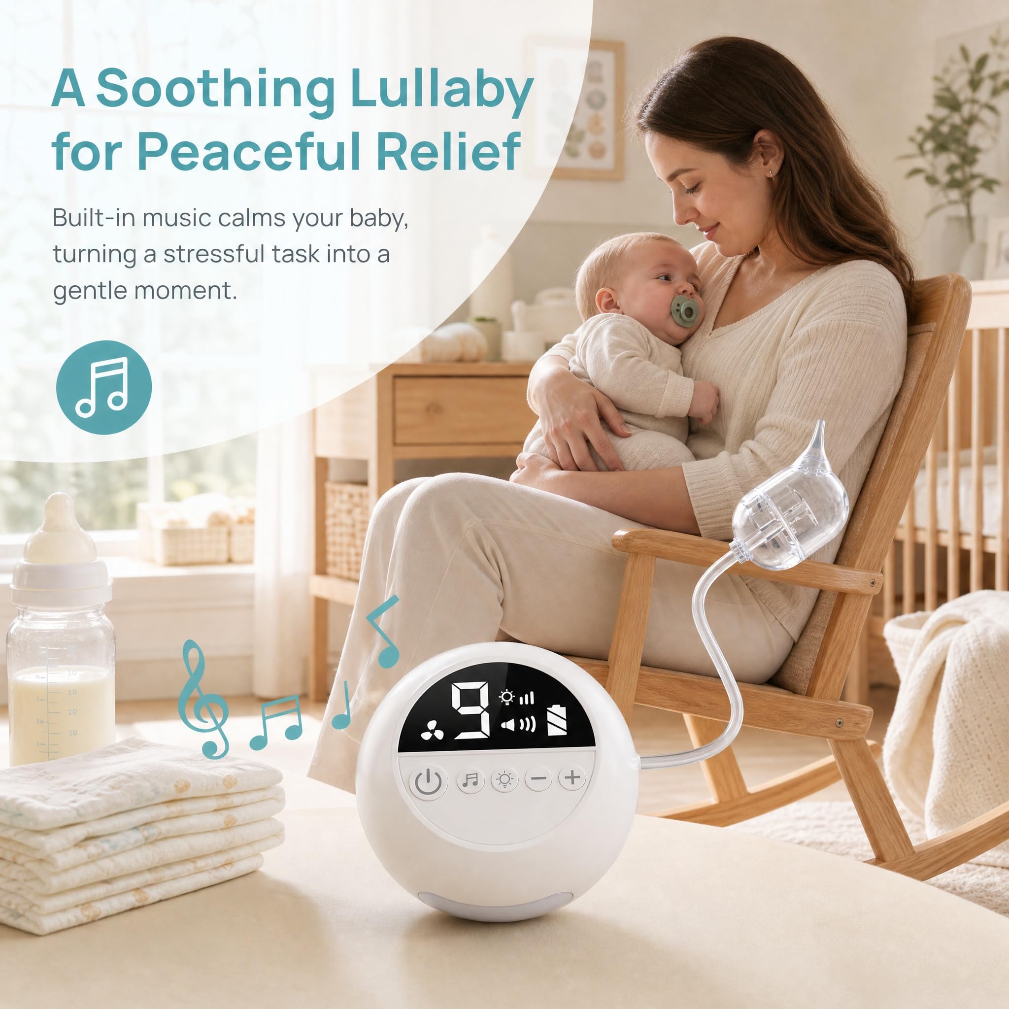 Aspiratore Nasale Elettrico Neonato, 9 Livelli con 3 Punte Silicone | 9 Livelli di Aspirazione | 3 Punte in Silicone Morbido | Ricaricabile USB | Luce Notturna e Musica per Bambini