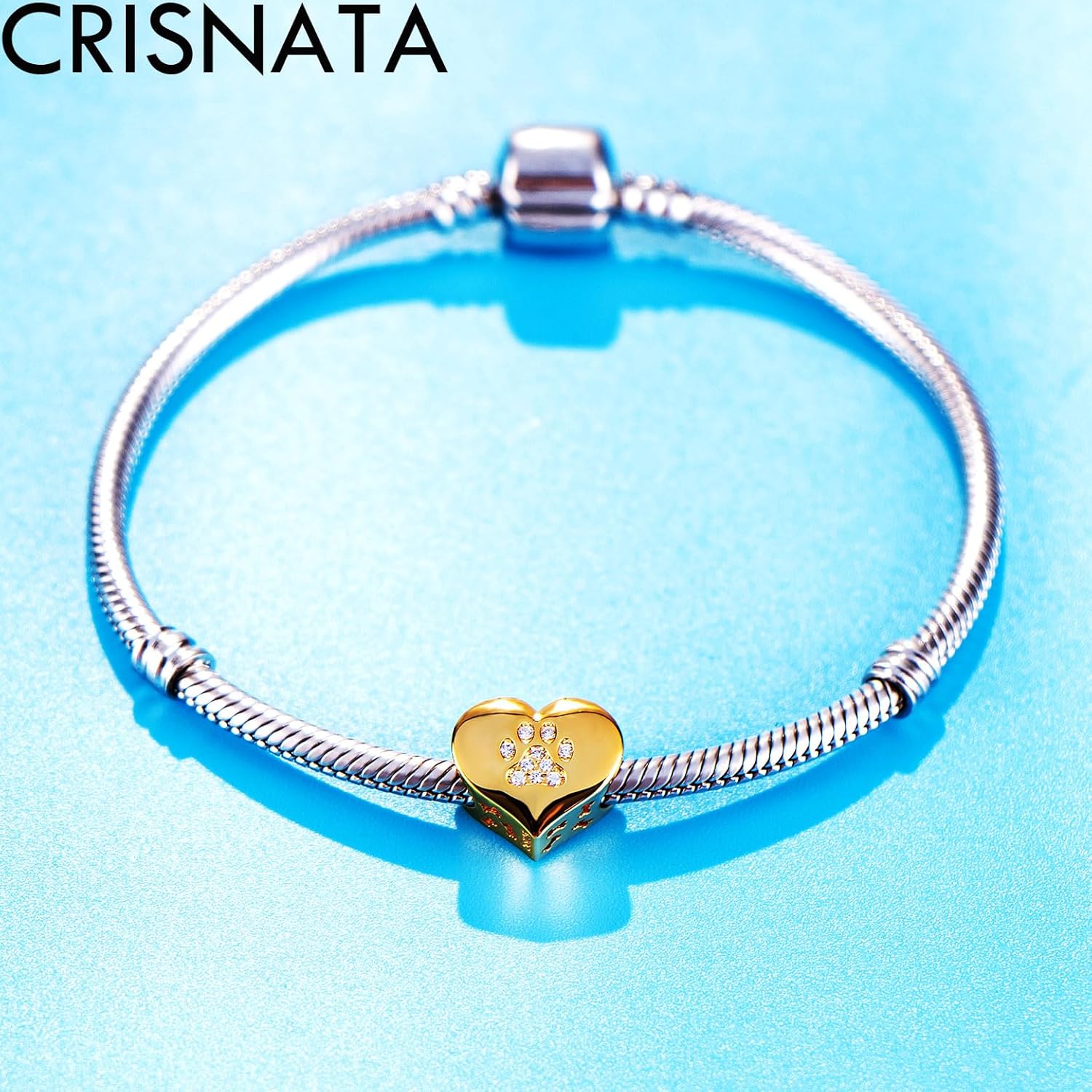 Yellow Gold Plated Dog Paw Print on My Heart Charms, fit Pandora Animal Pet Bracelet, Puppy Cat Pawprint CZ Beads, Gift for Mom/Best Friends/Mothers Day - Image 3