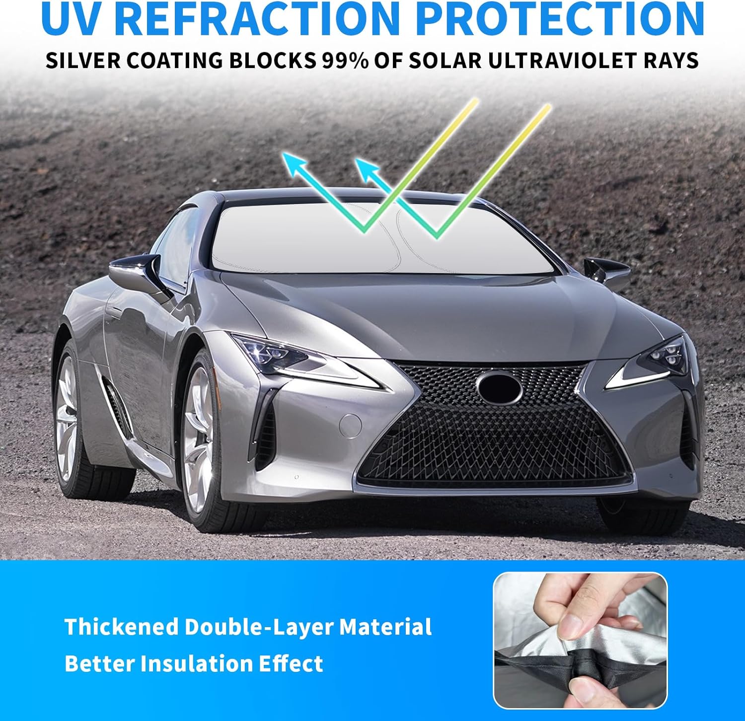 Thickened 2-Layer Front Windshield Sun Shade Compatible for LE-XUS LC LCF LC500 LC500h 2017-present, Foldable Custom Fit Sunshade Blocks 99% Heat, Keeps Car Interior Cool (LC LCF 2017-present)