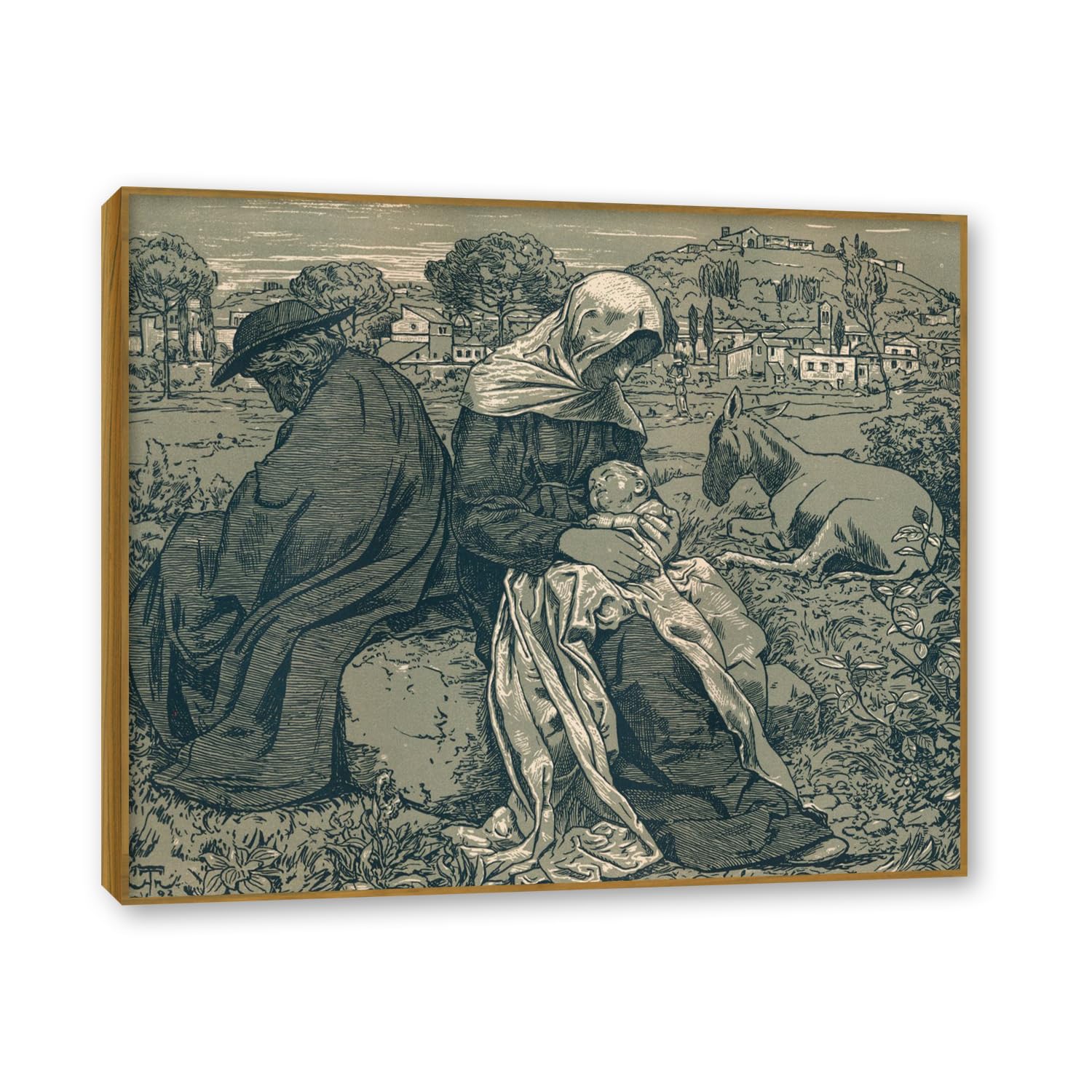 NHLDZYH Teak Frame. Hans Thoma Style Canvas Wall Art - (Rest Along The Way), German Romantic Realism Painting with Symbolic Nature, Rustic Country Home Decor. 80x96cm-31.4x37.8in