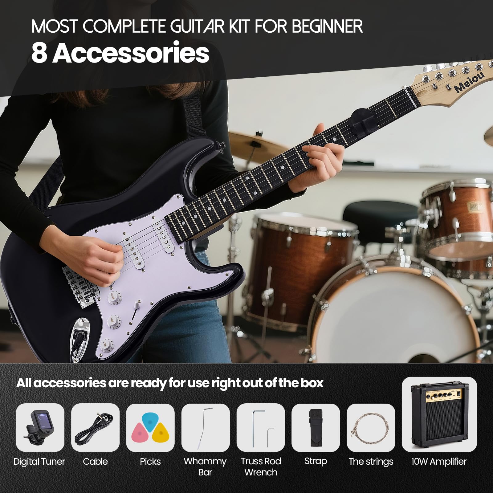 Starter kit per chitarra elettrica da 99 cm, serie ST, completo con chitarra elettrica, amplificatore, tracolla, plettro, accordatore, corde, cavo e custodia per chitarra, adatto per