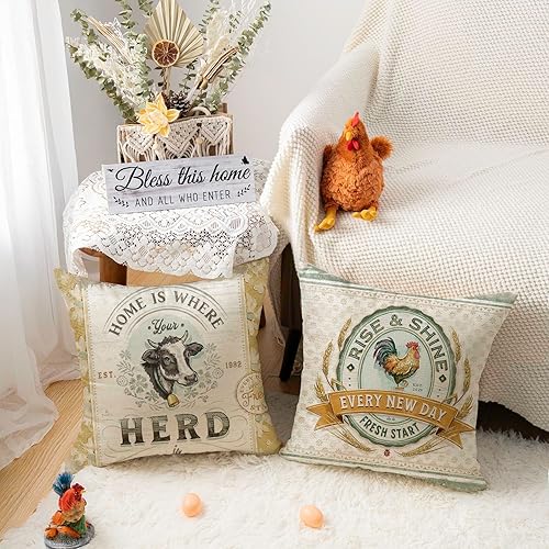 Miniatura 2 de Juego de 4 fundas de almohada vintage de 18 x 18 pulgadas con diseño de animales de granja retro, para camión, gallo, oveja, avícola, granja,