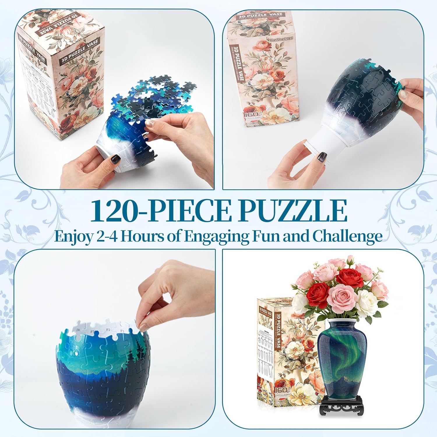 3D Puzzles Vase for Adults, Crafts for Adults, 120 Pieces Plastic DIY Unique Flower Vase with LED Light, House Warming Gift Birthday Gifts for Flower Arrangements and Home Decoration (Night Light)