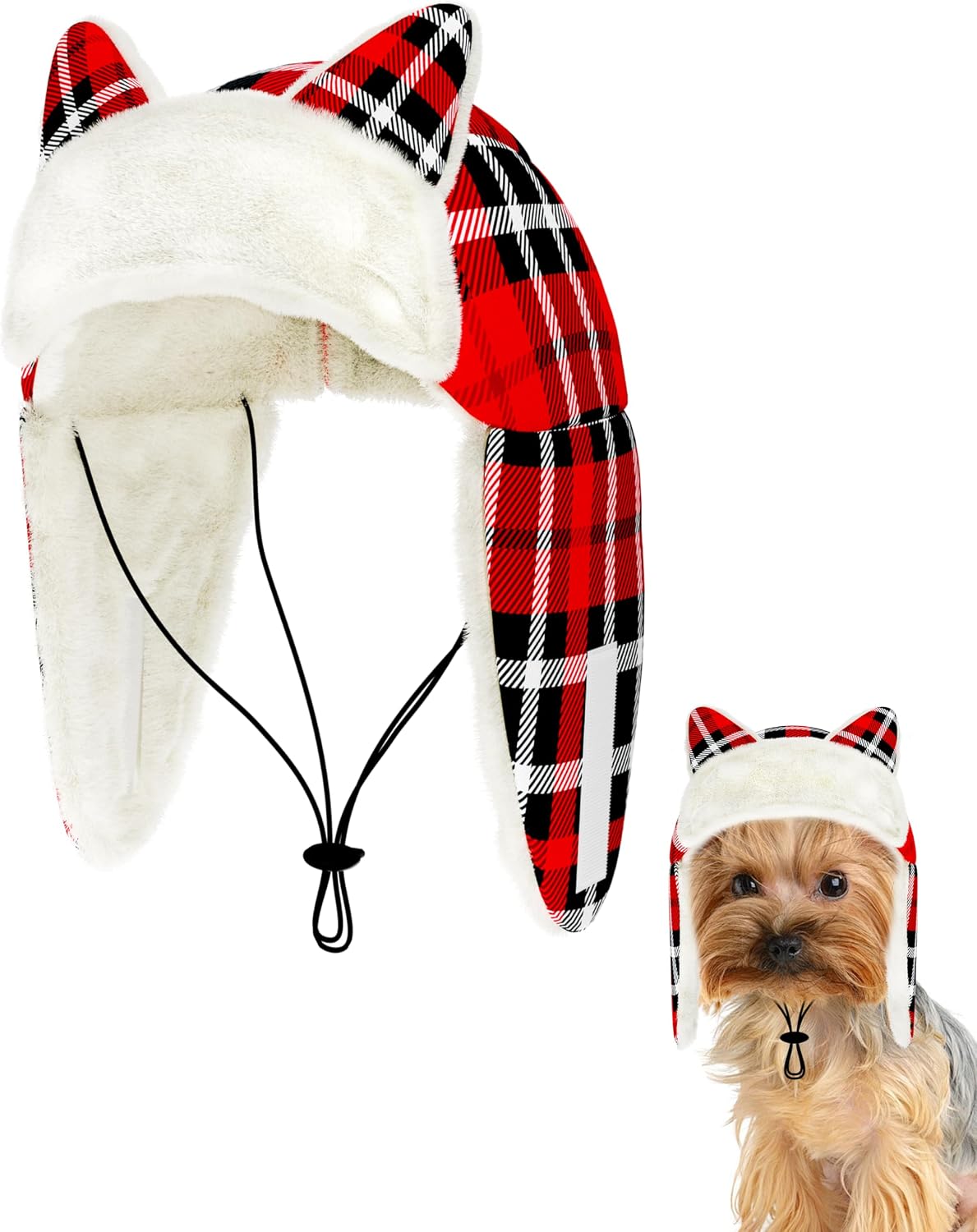 PET SHOW Red Plaid Winter Dog Trapper Hat for Extra Small Dogs | Christmas warm fleece aviator hats,boy girl dogs pilot cap,adjustable outdoor pets hat with ear flaps ,XS-Without Ear Holes