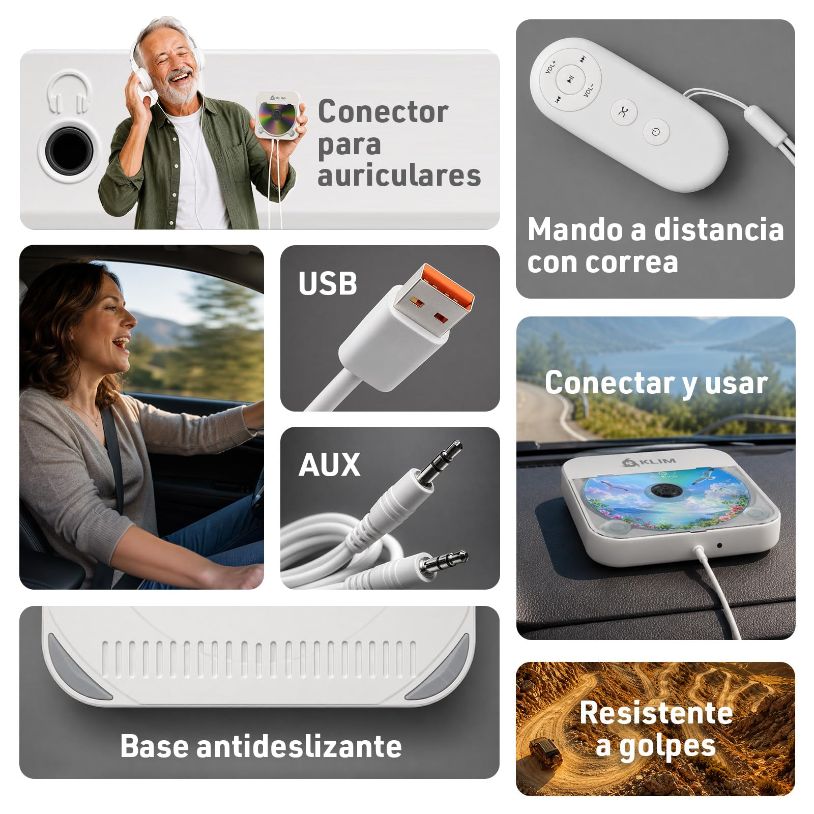 KLIM Reproductor de CD para Coche – Reproductor de CD Externo USB Portátil, Antichoque, Plug & Play, AUX y USB, Mando a Distancia, Compatible con la Mayoría de Vehículos y Portátiles