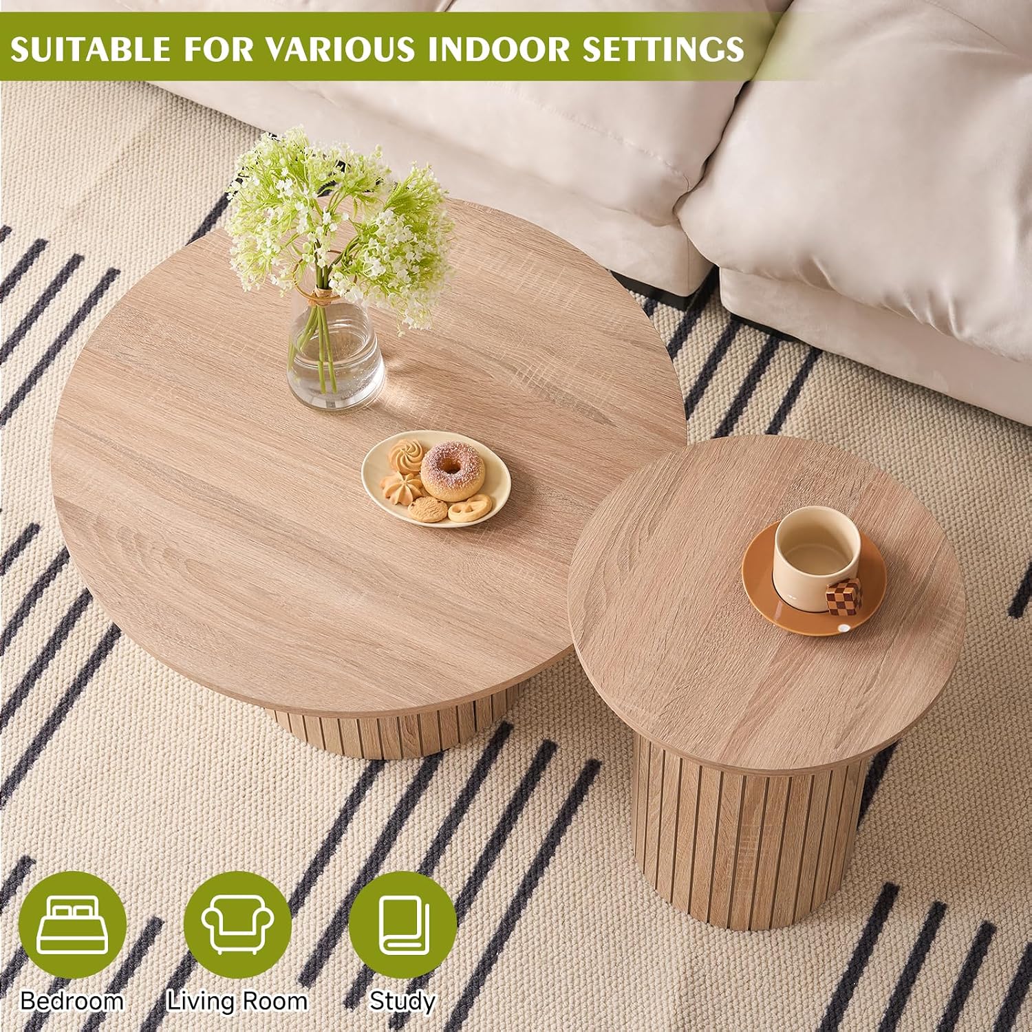 Round Nesting Coffee Table Set of 2, Modern Fluted Wood Side Tables for Small Spaces, Living Room, Bedroom, Balcony, or Office(Natural)