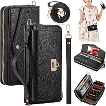 for iPhone 17 Pro Max Wallet Phone Case, Magnetic Removable Leather Flip Zipper Purse Shoulder Strap Cover for Women with Card Holder, RFID Blocking, Wristband, Wireless Charging Black