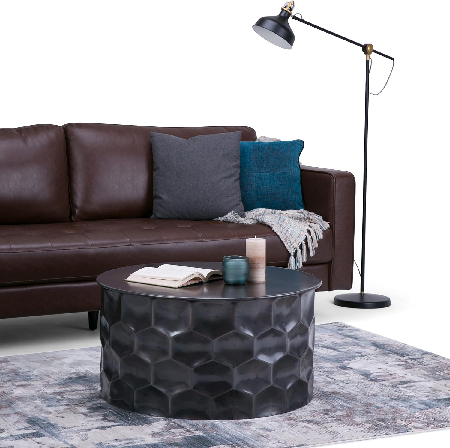 SIMPLIHOME Whitney Metal Table - 31 inch Wide Solid Metal Round Storage Coffee Table in Antique Bronze, Industrial Cocktail Table for Living Room or Condo with Removable Lift-Top, Assembled