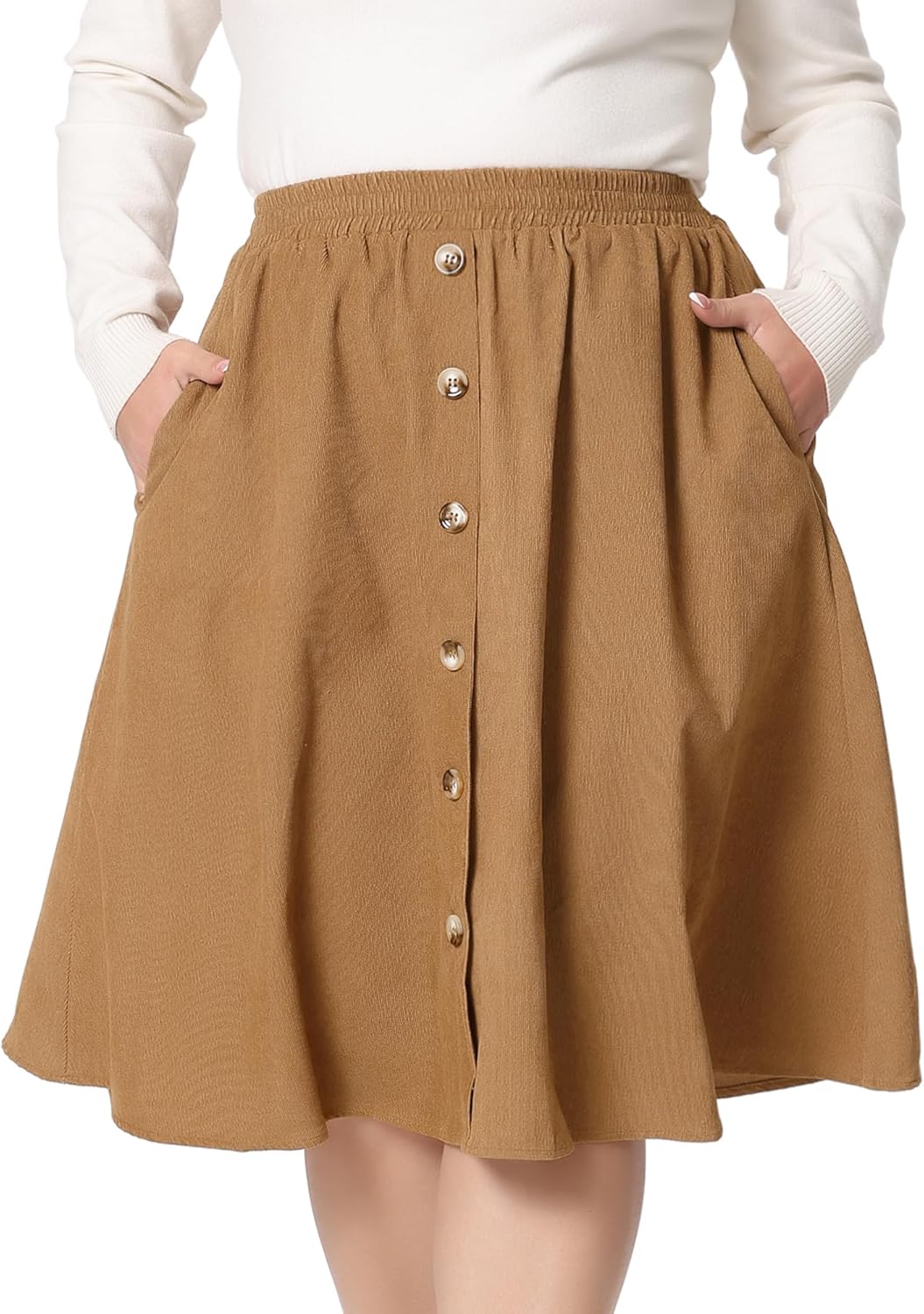 Agnes Orinda Plus Size Corduroy Midi Skirts for Women Elastic High Waist Button Front A-Line Skirt with Pockets - Image 2