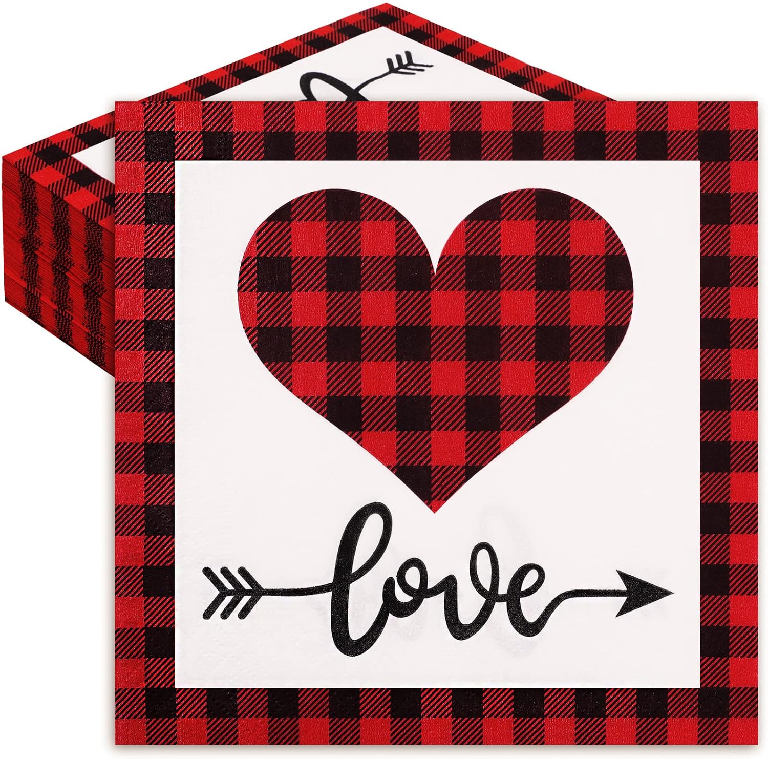 Whaline 80 Pack Valentine's Day Napkins 6.5 x 6.5 Inch Red Buffalo Plaid Heart