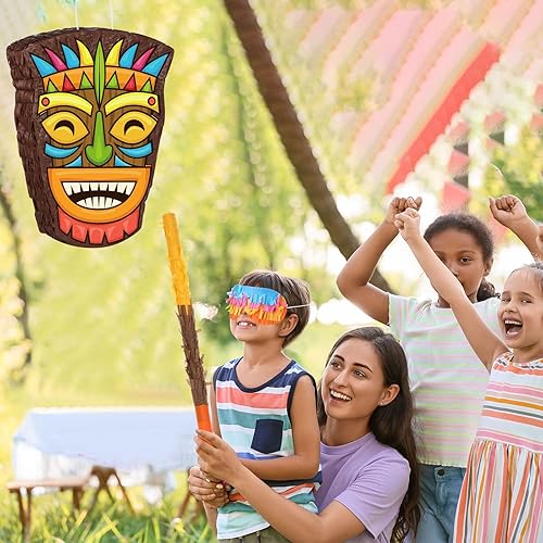 Miniatura 5 de Threan Piñata pequeña Tiki Tropical Hawaii con murciélago vendado, piñata Aloha Luau para decoración de fiesta temática hawaiana Luau suministros de