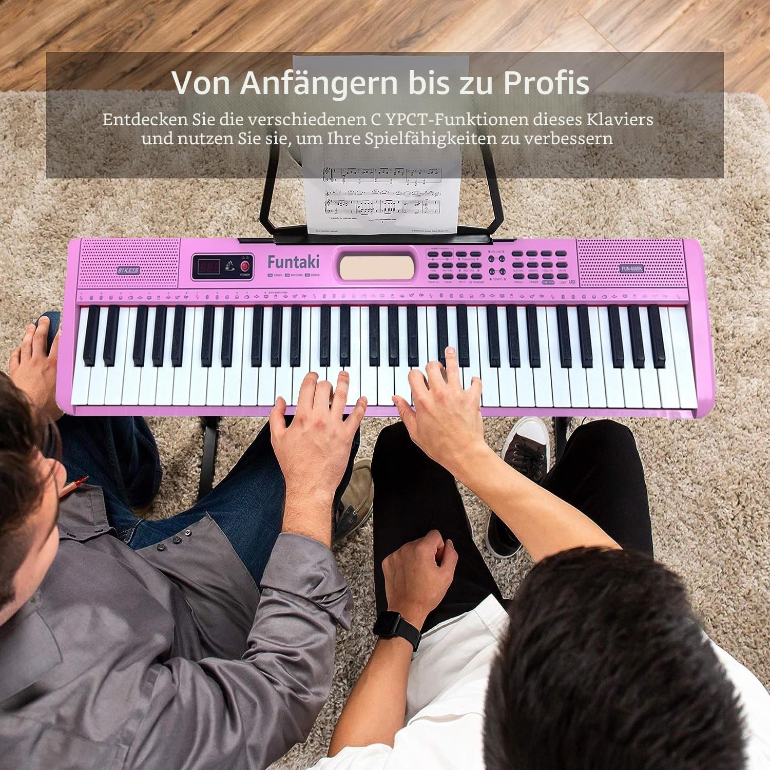 Elektronisches Keyboard Piano mit 61 Tasten für Erwachsene und Kinder mit leuchtenden Tasten, MIDI-Konnektivität und Lernmodi – perfektes Anfängerklavier Rosa
