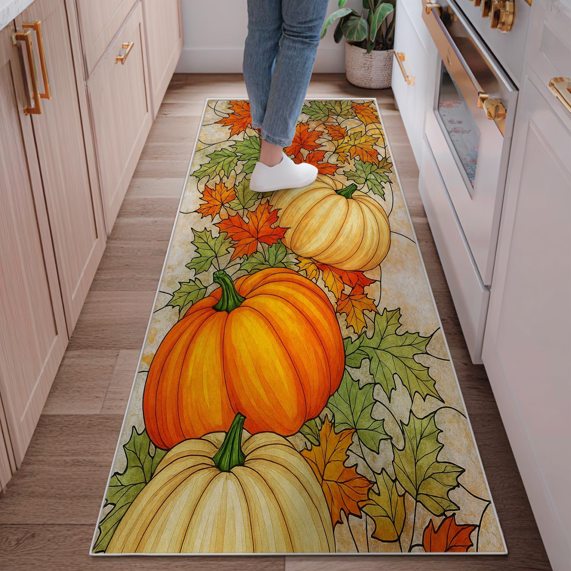 Pumpkin Runner Rug, Fall Autumn Leaf Maple Fall Orange Low Pile Home Indoor Pattern Carpets Non Shedding for Kitchen Entryway Bedside Laundry Decor 2x6 Ft
