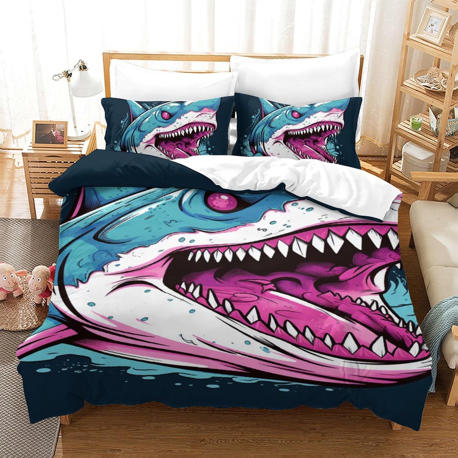 Housse de couette requin 140x200 3D respirante avec taie d'oreiller pour lit enfant