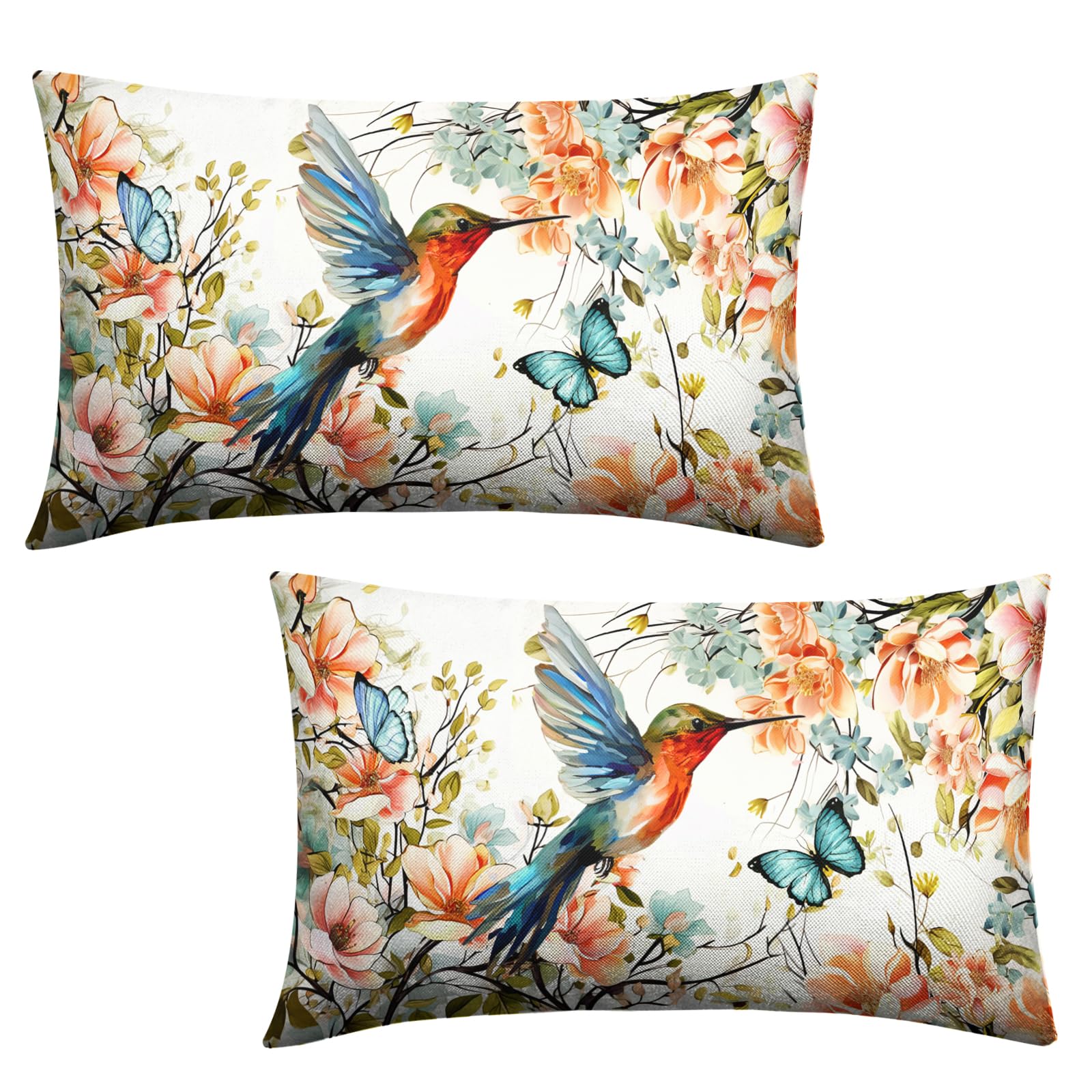 Flowers Bird Pillow Covers 12x20 Set of 2 Spring Summer Watercolor Floral Hummingbird Butterfly Lumbar Throw Pillow Covers Chinoiserie Flower Outdoor