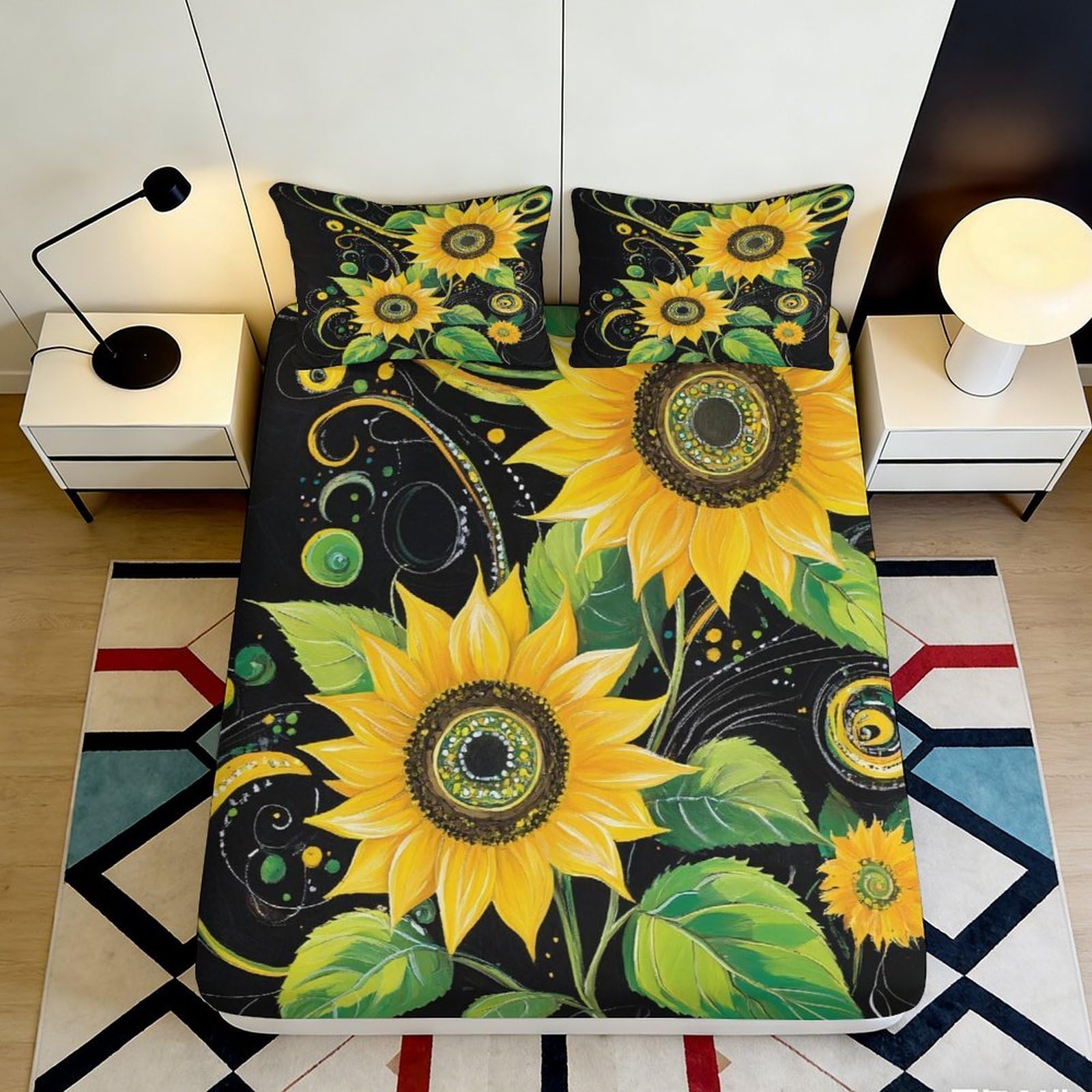 3D Printed Sunflower Fitted Sheet Microfiber Deep Pocket Non-Slip Sunflower Mattress Fitted Cover Bedroom Bedding 200x200x25cm