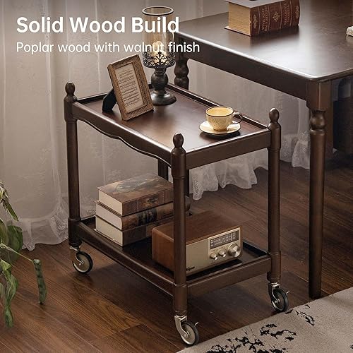 Miniatura 5 de Soild Wood - Mesa auxiliar de 2 niveles, mesa auxiliar pequeña con almacenamiento, mesita de noche con estantes de almacenamiento de 2 capas, mesa