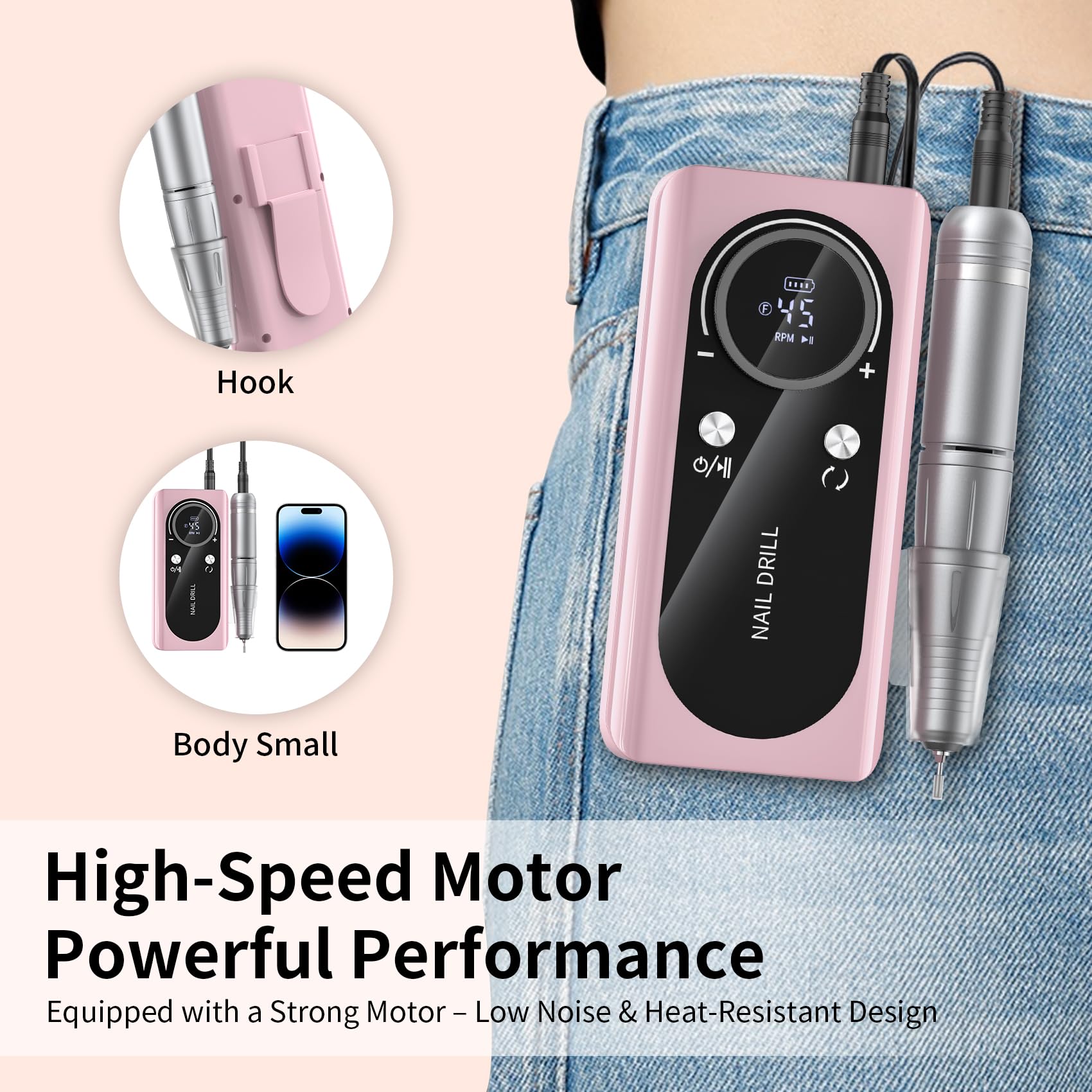 Electric Nail Drill Machine 45,000RPM - Professional Electric and Rechargeable Nail Drill with LCD Display, 6 Bits and 30 Sanding Bands, Low Heat Quiet E-File for Acrylic Gel Nails