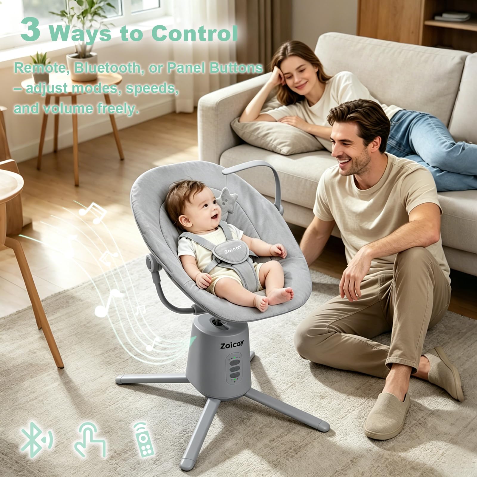 Zoicay Mecedora Bebe Electrica con 3 Modos y 5 Velocidades | Hamaca Bebé Respaldo Ajustable, Función de Temporización y Música Mando a Distancia y Bluetooth para bebe 0-9 Meses (Gris)